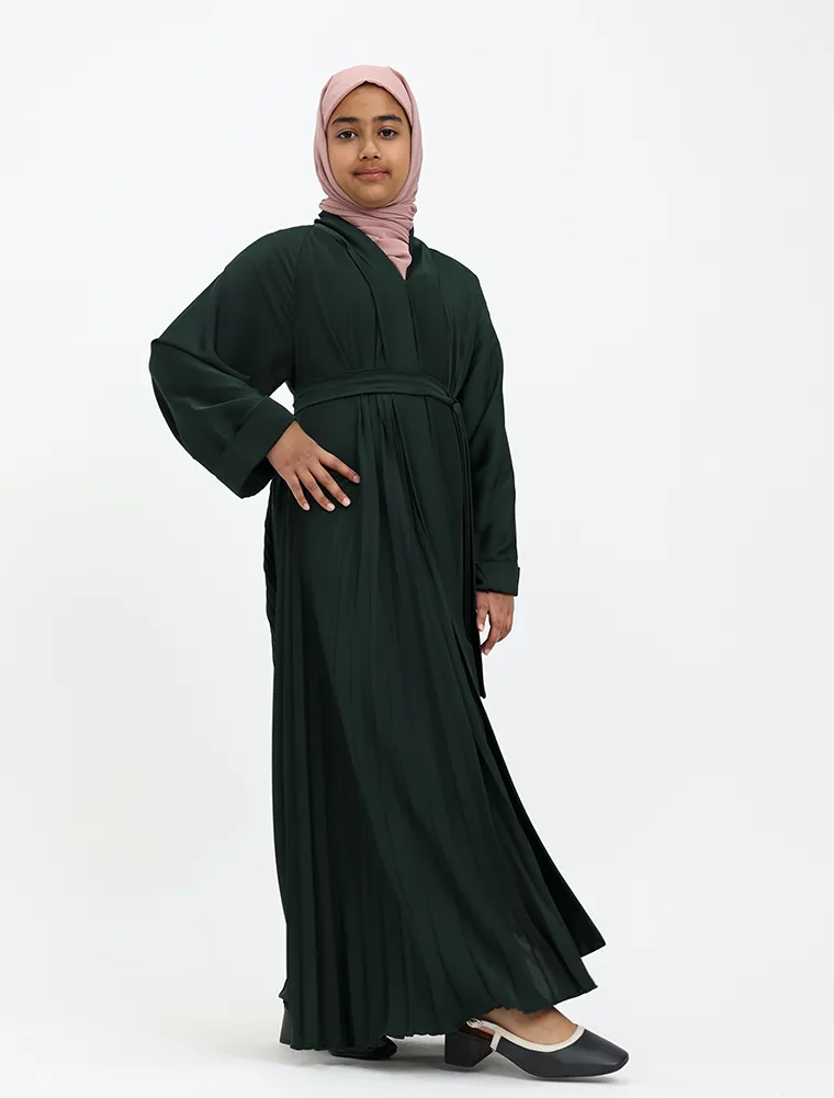 Girls Green Pleated Silhouette Abaya